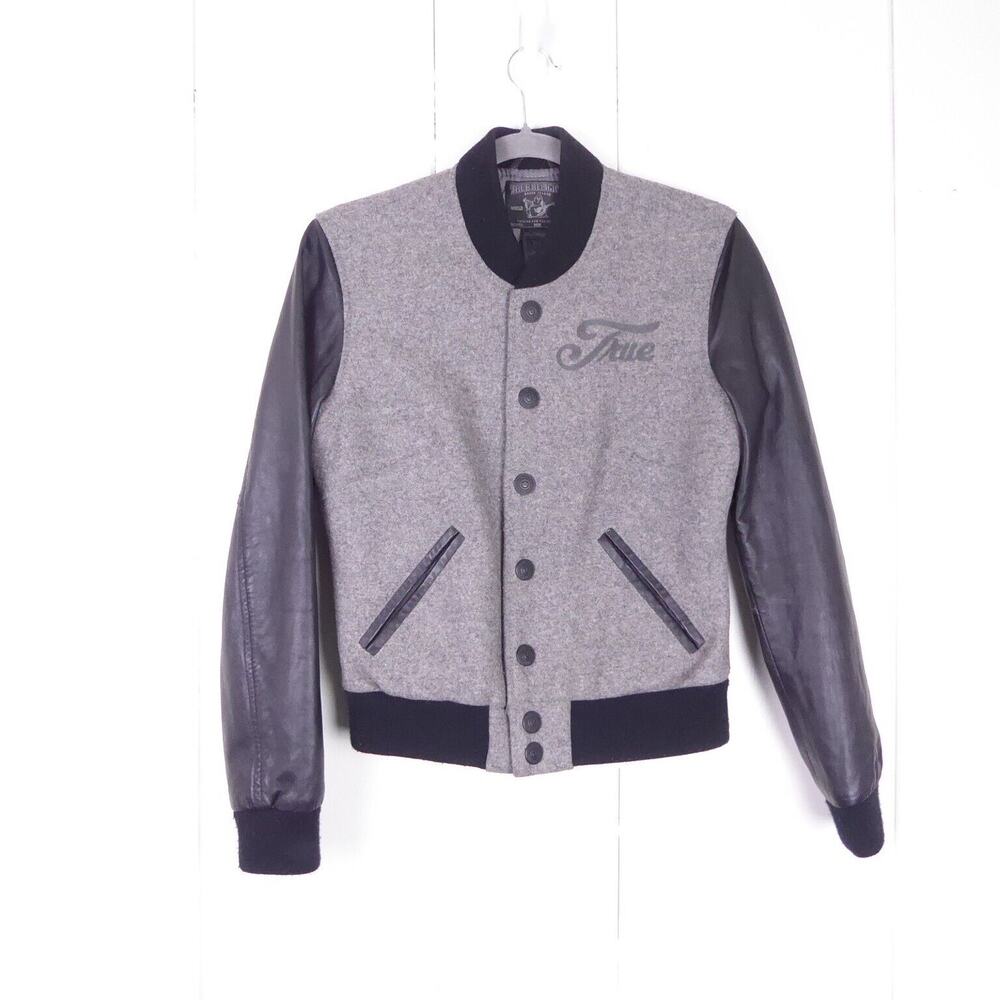 True Religion Varsity Jacket‎ Womens SZ XS Leather Sleeves Wool Blend Body EUC